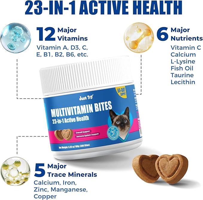 Just Try 23 in 1 Taurine for Cats Vitamins Treats with L-Lysine for Immune, Joint Support Skin & Coat & Heart Health - Multivitamin, HIV Omega 3, Biotin Supplements for Indoor & Senior Cat - 300 Bites