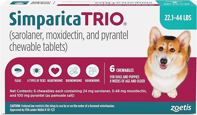 Simparica Trio (sarolaner, moxidectin, and pyrantel chewable Tablets) Chewables for Dogs, 24 mg/tab, 22.1-44 lbs, (Blue), 6 Tablets