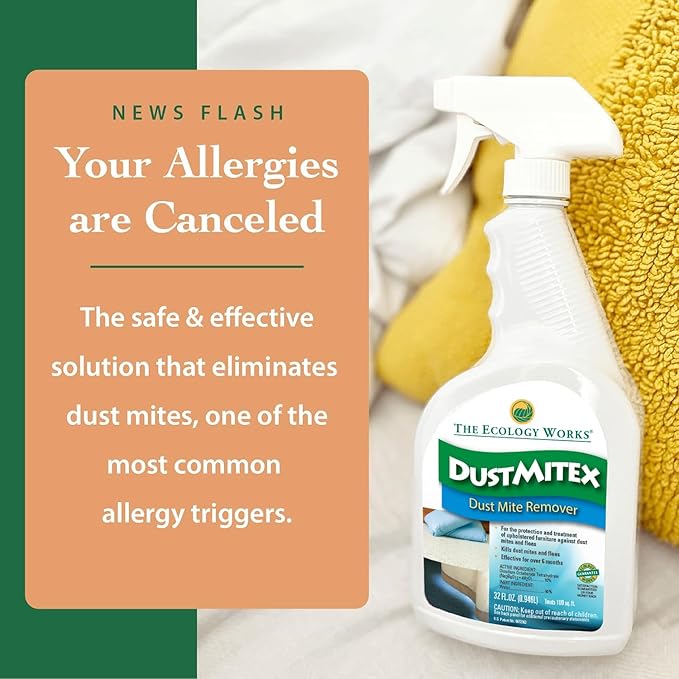 The Ecology Works DustmiteX Dust Mite Spray - Dust Mites Remover + Flea Killer for Allergy & Asthma Relief For Cleaning in Home, Bed, Pet Bedding, & Furniture, Anti Allergen Dust Mites Killer