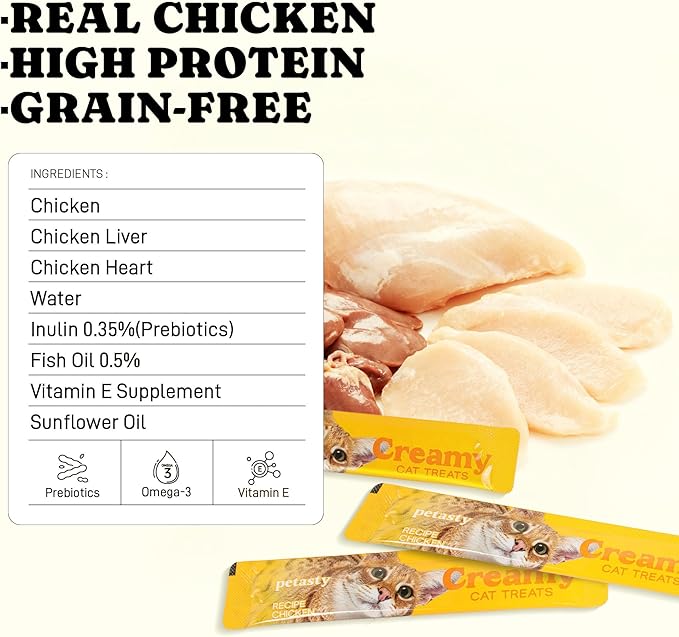 Lickable Cat Treats, High Moisture Hydrating Creamy Puree Squeeze Tubes, Chicken Flavor, 20 Tubes 0.5oz, Grain-Free, Omega Oils & Vitamin E, Skin & Coat Health, Digestive and Immune Support