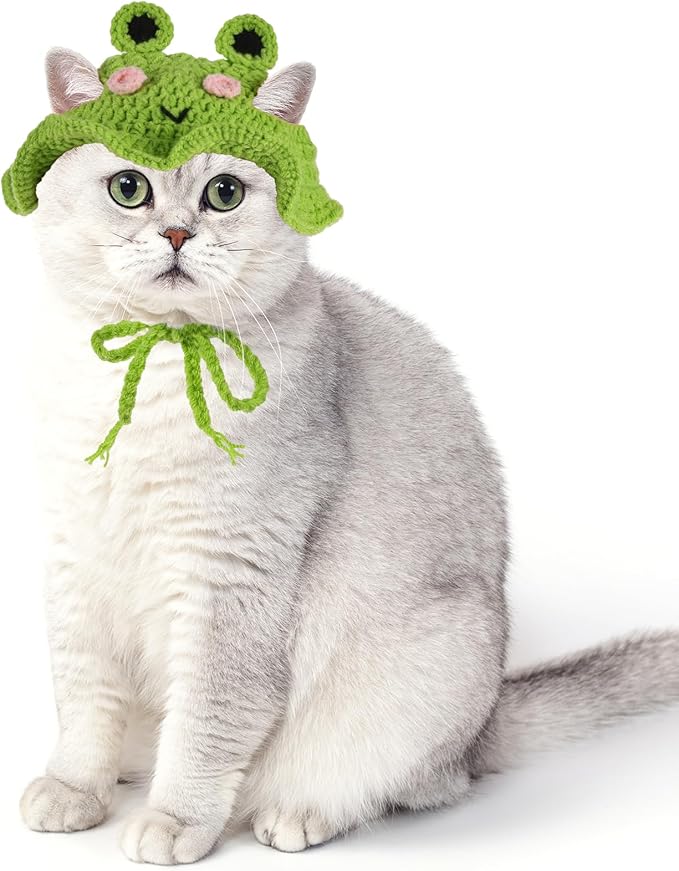 Frog Cat Hat, Cotton & Soft Cute Knitted Hats for Cats Frog Crochet Cat Hats for Cats Only Cute Puppy Hat for Small Pets on Christmas Birthday Party Halloween (Green, S)