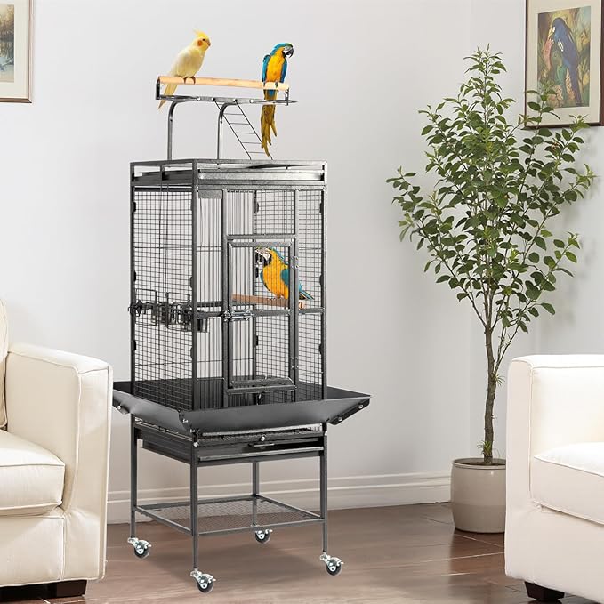 Wrought Iron Rolling Large Parrot Bird Cage,65-inch Wrought Iron Large Rolling Bird Cage with Play Top and Stand for Parrots Lovebird Cockatiel Parakeets, Black