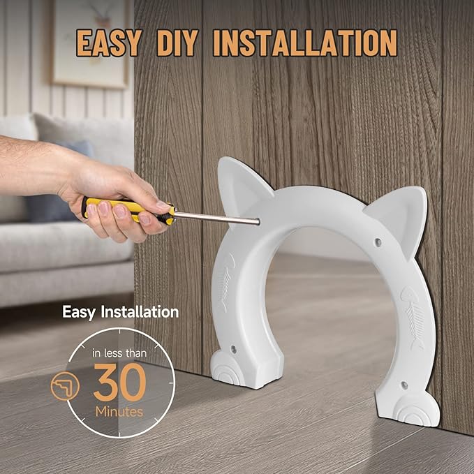 Cat Door Interior Door for Kitties, Pet Door for Hollow Door, Kitty Door, Indoor, Secured Installation in Minutes, No-Flap（White）