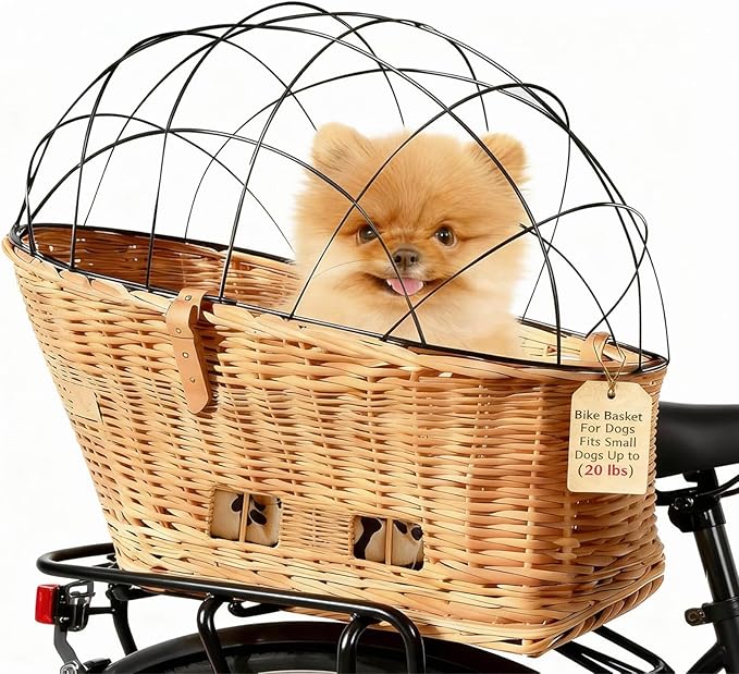 Dog Bike Basket Pet Bicycle Carrier| Natural Wicker Attachment with Protective Grille,Easy to Install Comfort Cotton Cushion,Mounting Bracket for Secure Bicycle Rear Luggage Rack for Daily Rides