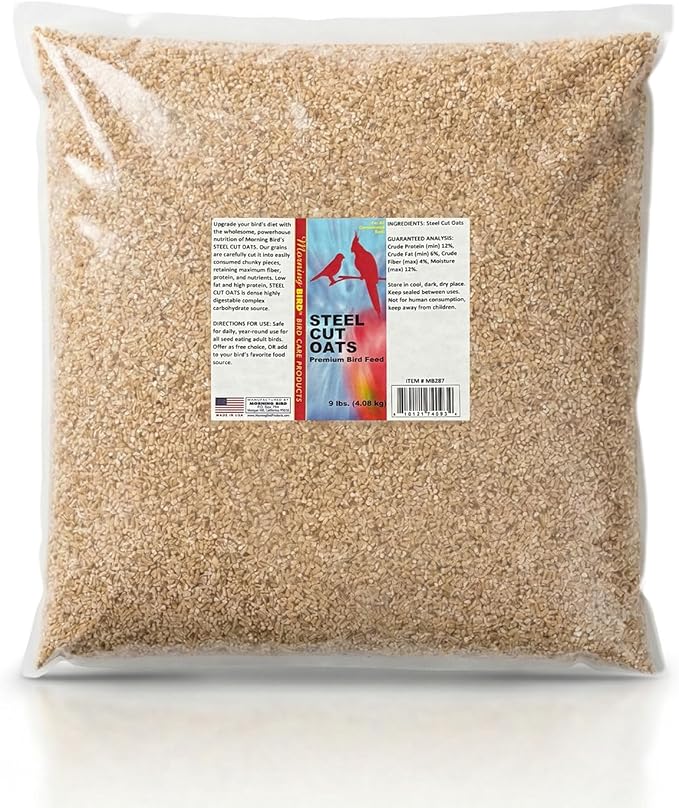 Morning Bird Steel Cut Oats 9 lbs – High Protein Natural Cut Oat Grain for Birds & Easy-to-Eat Pieces - Supports Balanced Nutrition with Vitamins and Minerals for Daily Feeding