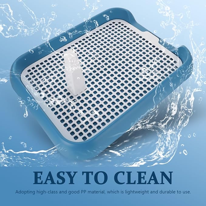 Dog Potty Tray with Wall Post: Indoor Puppy Training Toilet Blue Plastic Mesh Grate, Pee Pad Holder for Male Dogs, Keeps Paws Dry, Portable Pet Litter Box for Apartment
