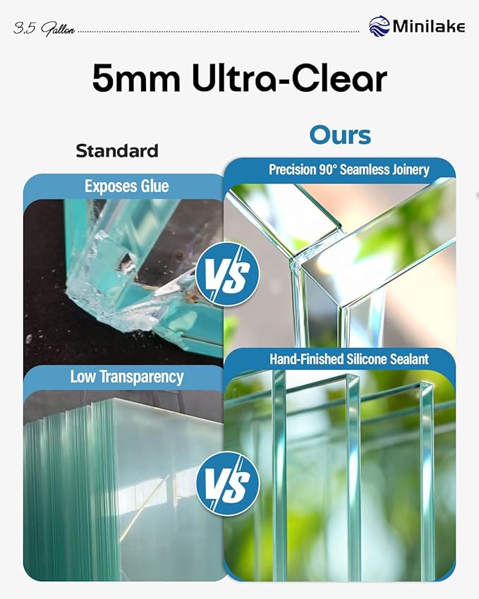 3.5 Gallon Clear Glass Fish Tank, Aquarium Fish Bowl Ultra Clear Rimless Design for Betta Goldfish Snails Shrimp Aquatic Planting