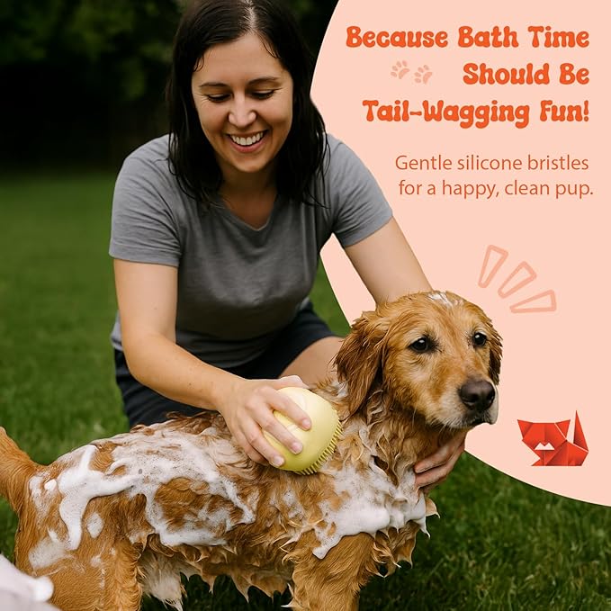 HamInWay Dog Bath Brush, 2-in-1 Dog Grooming Brush with Built-in Shampoo Dispenser, Gentle Silicone Bristles for Bath & Massage, Non-Slip Handle, Easy Clean Design for Dogs, Cats & Small Pets, Yellow