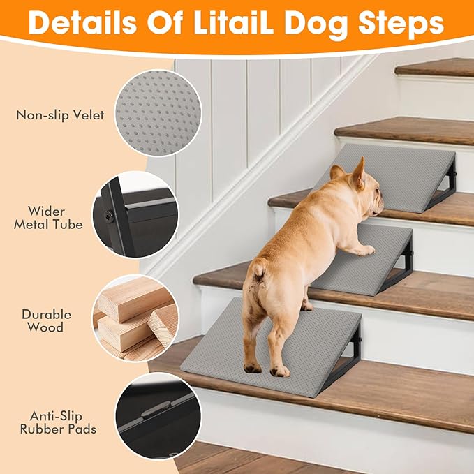 3 PCS Dog Ramps for Staircase - LitaiL Pet Stairs for Staircase with Anti-Slip Bottom Suitable for Small Dogs, 3 Packs Extra Wide Metal Frame Dog Ramp for Injured and Older Pets (Grey)