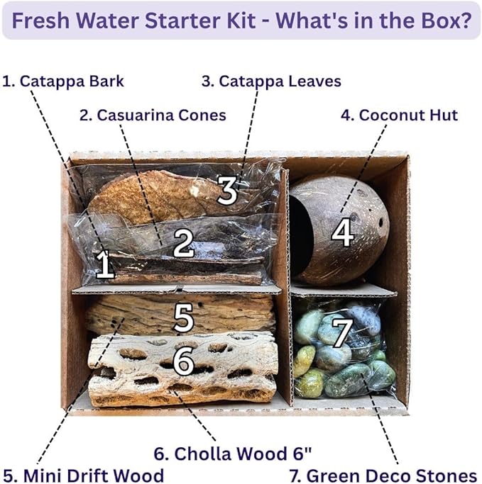 Galápagos (05356) Freshwater Starter Kit - Natural Aquarium Accessories with Cholla Wood, Catappa Leaves, Coconut Hut & More, Ideal for Betta, Goldfish & Live Freshwater Fish, 4.5 Quarts