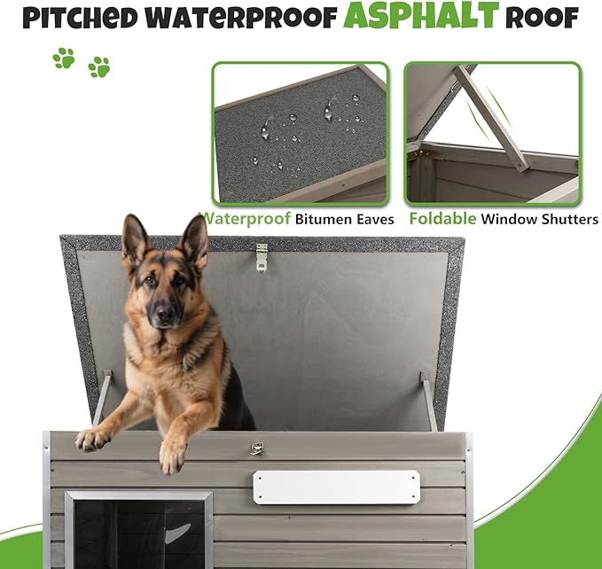 Large Wooden Dog House Outdoor, XL Weatherproof Dog Houses with Adjustable Vent Windows, Alloy Chew-Resistant Frame, Removable Floor for Medium & Large Dogs (43.3" Lx26.4 W x33.7 H)