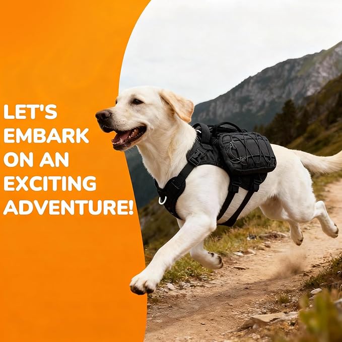 Large Dog Harness Backpack, No Pull Adjustable Dog Vest with Handle & Leash Ring, Lightweight Dog Backpack with Side Pockets for Walking, Training & Day Hikes, Black, L