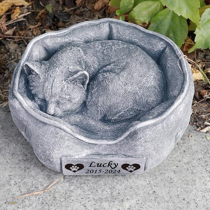 Generic Cat Memorial Garden Stones with A Sleeping Cat Statue Waterproof Cat Grave Markers Tombstones Cat Headstone Loss Cat Memorial Sympathy Gifts, 7.8"" x 4.7""x3.9"", as shown as picture