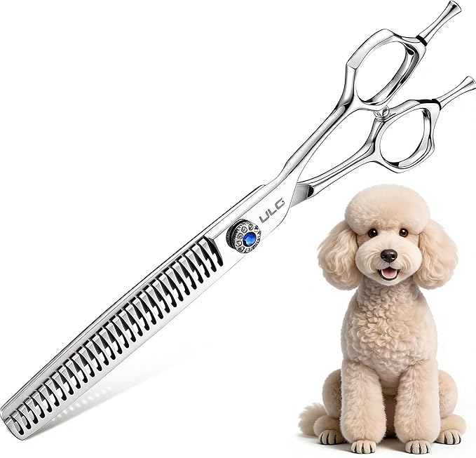 ULG Professional Dog Grooming Scissors 7.0” Straight Chunker Shear 65%-75% Thinning Rate 440C Japanese Stainless Steel Tension Adjustable Left & Right Handed Pet Grooming Shears