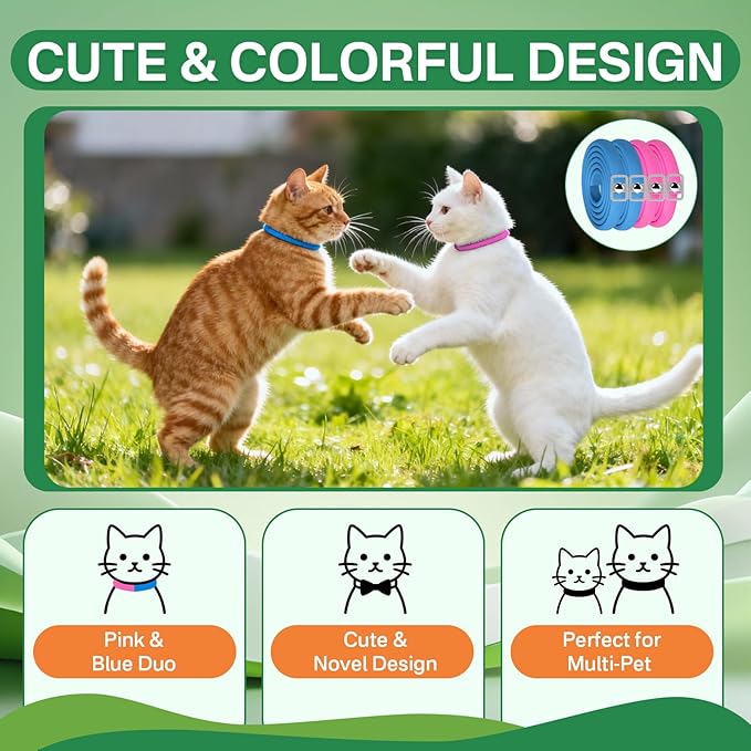 Flea Collar for Cats 4 Pack, Natural Cat Flea and Tick Prevention Collar, 32-Month Full Protection, Adjustable Cat Flea and Tick for Kittens and Cats, Waterproof, 2 Pink & 2 Blue
