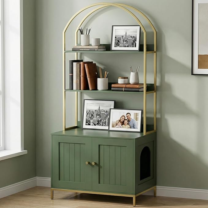 Homhedy Cat Litter Box Enclosure, Litter Box Furniture Hidden with 2-Tier Storage Shelves, Wooden Cat Washroom Furniture with Metal Frame, Modern Style, Green and Gold