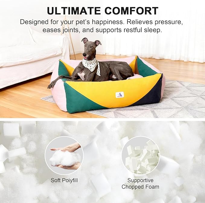 Washable Rectangle Dog Bed with Removable Cover, Color-Block Gingham Cotton Large Dog Sofa, Durable Breathable Scratch Resistant Pet Bed, Large