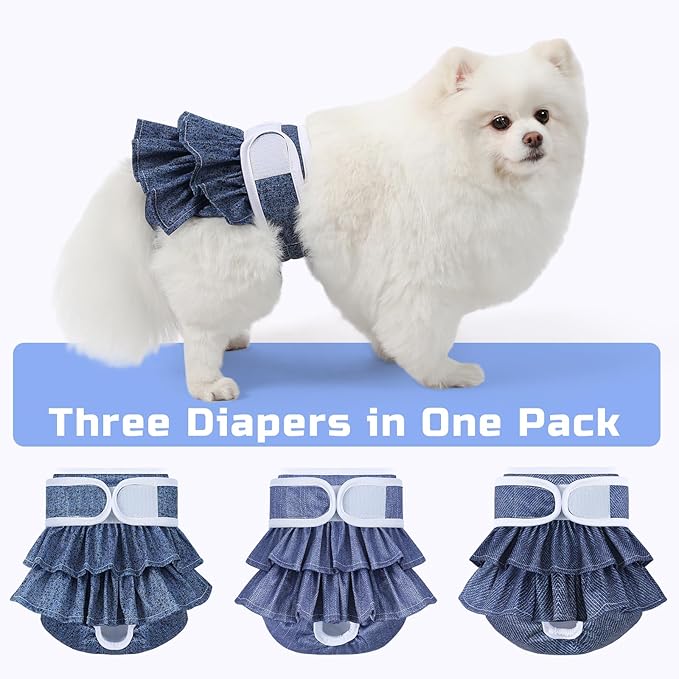 Reusable Dog Diapers Female 3 Pack Doggie Diapers for Period Heat Incontinence Puppy Training (Medium, Jeans)
