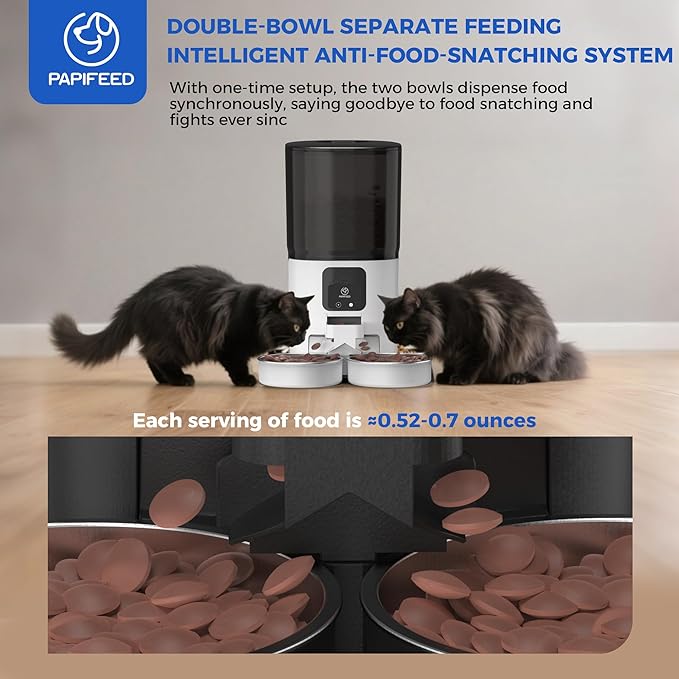 PAPIFEED 7L Automatic Cat Feeder for 2 Cats - 2.4G WiFi Timed Auto Feeder with APP Control, Cat Food Dispenser with Alexa for Multiple Cats, Detachable for Easy Clean, 1-10 Meals Per Day - White