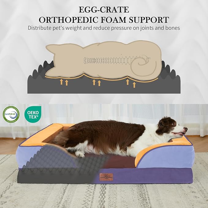 Comfort Expression Orthopedic Dog Bed for Large Dogs 36x27 Inch, Waterproof Egg Crate Foam Large Pet Bed with Removable Bolsters, Dog Couch with Washable Cover & Non-Slip Bottom, Honey Lavender