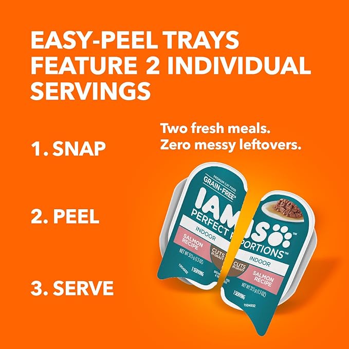 IAMS Perfect Portions Grain Free Wet Cat Food, Indoor Adult Cat Food Wet Cuts in Gravy, Salmon Recipe, (24) 2.6 oz. Twin-Pack Trays
