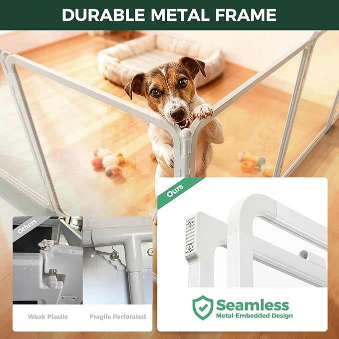 FXW AuraSpace Pro Metal & Acrylic Indoor Dog Playpen, All-Acrylic Clear Heavy-Duty Design, 24" Height 8 Panels for Puppies & Small Dogs, White│Patented