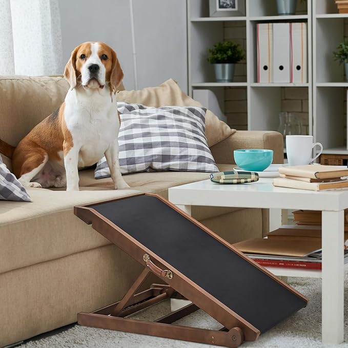 SLSY Dog Ramp for Bed, Couch & Car, Foldable Pet Ramp for Small Dogs and Cats, 4 Adjustable Heights 13.7''–19.6", Portable Stable Wooden Pet Steps with Non-Slip Pad for Sofa or Stairs
