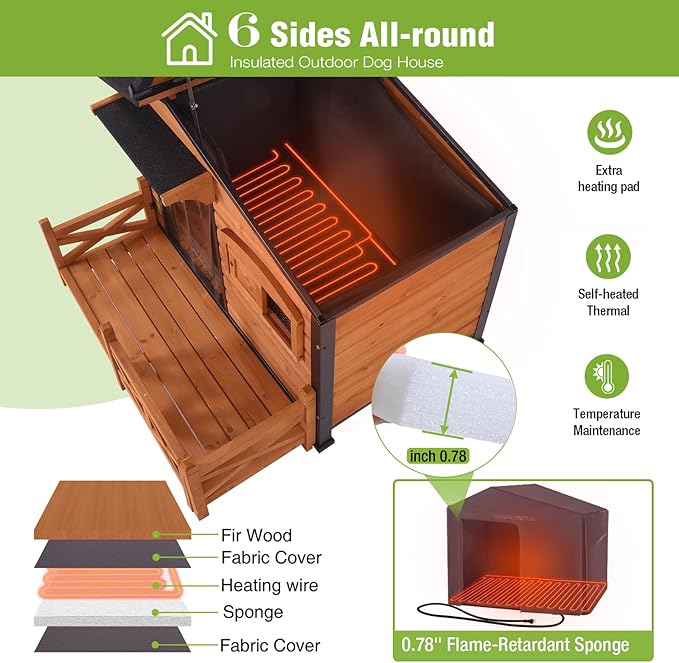 GUTINNEEN Extra Large Outdoor Heated Dog House XL Insulated Dog Kennel with Safe Heating Pad, Chew-Proof Metal Frame, 6-Sided Thermal Liner for Large Dog Breeds, 44.6" L × 41.1" D × 32.9" H