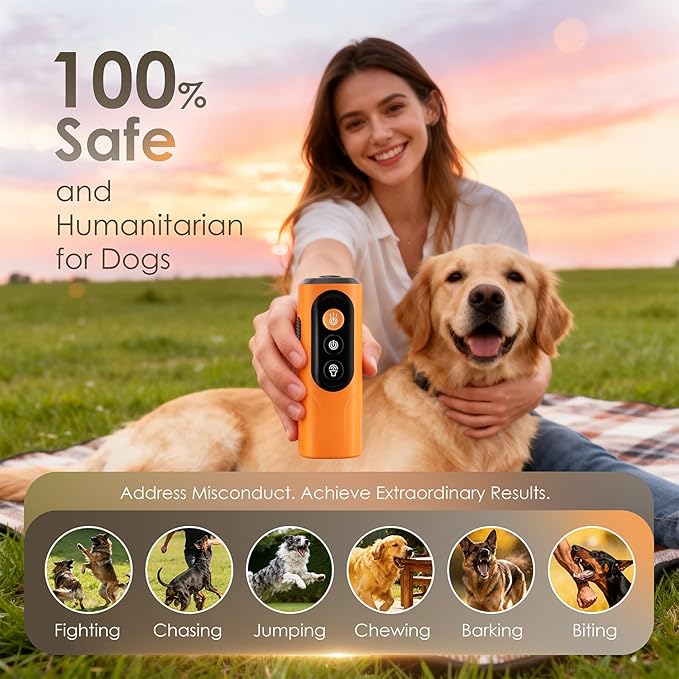 Dog Bark Deterrent Device & Anti Barking Device for Dogs, 50FT Ultrasonic Dog Trainer - Silent to Humans, Safe, Humane, Long-Lasting Rechargeable Orange Handheld with LED, Indoor/Outdoor