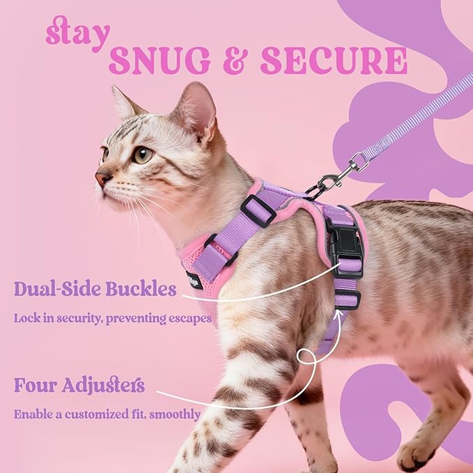 rabbitgoo Cat Harness and Leash for Walking, Escape Proof Soft Adjustable Vest Harnesses for Cats, Easy Control Breathable Reflective Strips Jacket, Pink & Purple, M