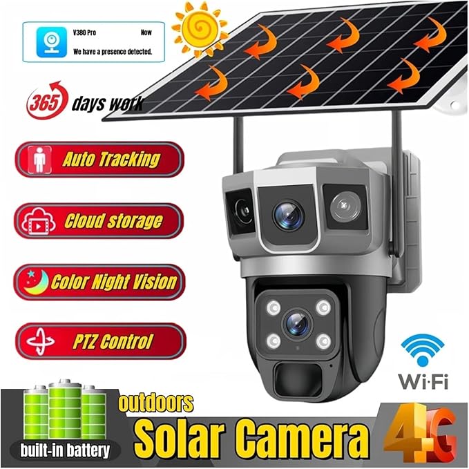 for Outdoor Camera Battery CCTV Monitor 4G SIM Card Network IP Security Pet Camera Motion Detection 3 Screen PTZ Camera(WiFi CCTV No Card)