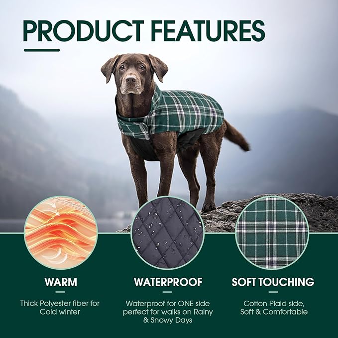 Kuoser Waterproof Dog Coat, Reversible Dog Jacket for Small Dogs, Adjustable Durable Doggie Winter Coat Warm Cozy Puppy Cold Weather Apparel from Small to Large Breed, Green S