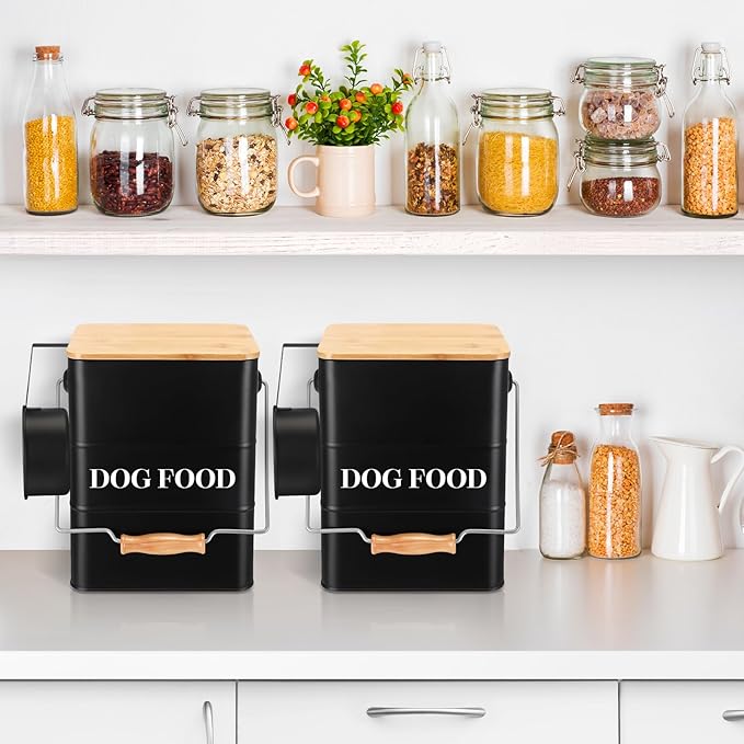 Tioncy 2 Pcs Metal Dog Food Storage Containers Total 10-14 Lbs (50 Cup) Capacity, Airtight Pet Food Canister with Bamboo Lids Scoop DIY Labels Dog Treat Storage Jars for Kitchen Counter(Matte Black)