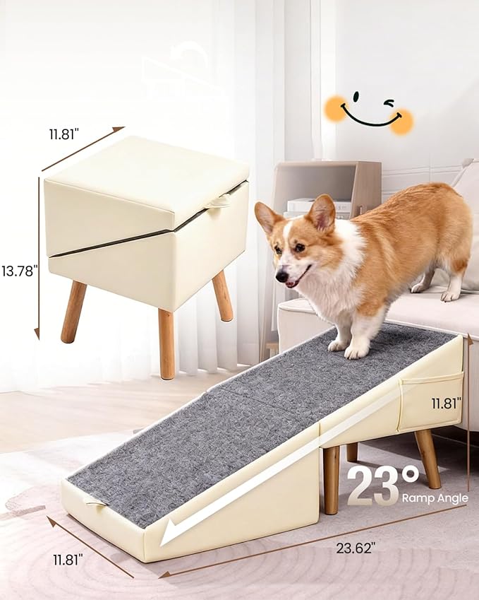 Dog Ramp for Couch & Bed, 2-in-1 Dog Stairs for Small Dogs & Cats, 11.81'' Indoor Pet Ramp with 23°Gentle Slope, Non-Slip Felt, Joint Protection for Senior & Injured Pets, Sturdy Ottoman-Style Design