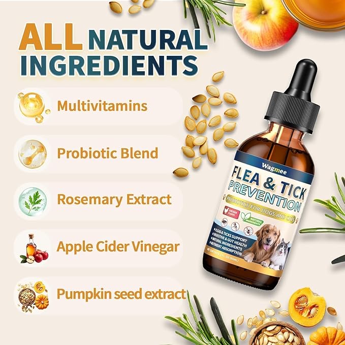 Flea and Tick Prevention for Cats and Dogs, Natural Flea & Tick Supplement with Probiotics Multivitamin, Flea Herbal Drops Supports Healthy Skin Coat & Digestion - All Breeds and Ages - Chicken