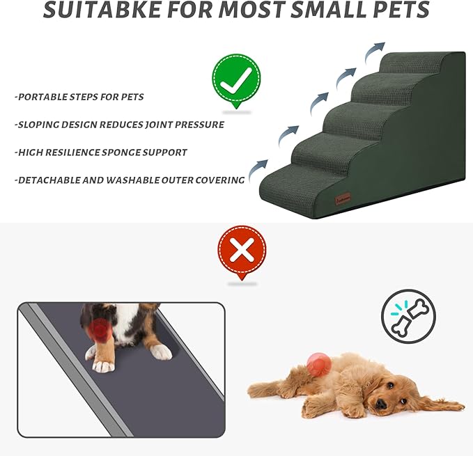5-Step Dog Stairs and Ramp for High Bed, Non-Slip Sturdy Pet Steps for Small Dogs and Cats,22.2" H,Green