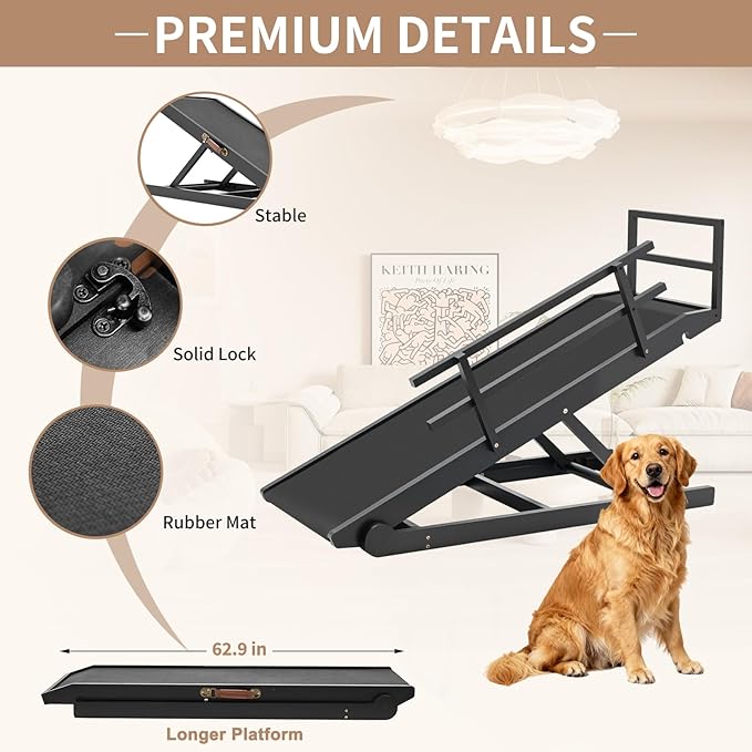 SLSY Dog Ramp for High Beds & Couch, 63" Folding Adjustable Pet Ramp with Non-Slip Rubber Mat, 5 Height Levels (15.7"–31.4"), Portable Dog Stairs for Large Dogs up to 250 lbs, Black