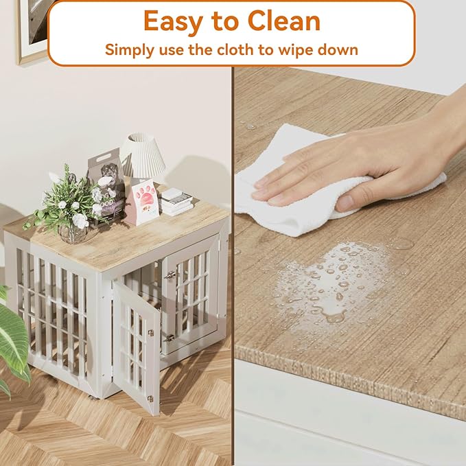 32" Heavy Duty Dog Crate Furniture for Small,Medium and Large Dogs,Rustic Wooden Dog Cage Kennel Indoor Furniture with Waterproof Top,Decorative Pet House Side End Table (White & Wood)