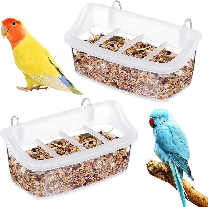 NOLITOY 2pcs Plastic Parrot Feeders, Universal Clear Hanging Bowls for Cockatiel Budgie Conure Macaw Parakeet Small Animal