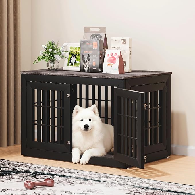 42" Heavy Duty Dog Crate Furniture for Small,Medium and Large Dogs,Rustic Wooden Dog Cage Kennel Indoor Furniture with Waterproof Top,Decorative Pet House Side End Table (Black & Grey)