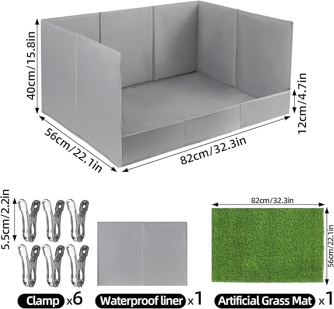 High Walls Dog Pee Pad Holder with Artificial Grass, 32.3"x22"x15.7" Foldable No-Splash No Assembly Indoor Dog Litter Box for Small/Medium Dogs Puppy Potty Training (Gray1)