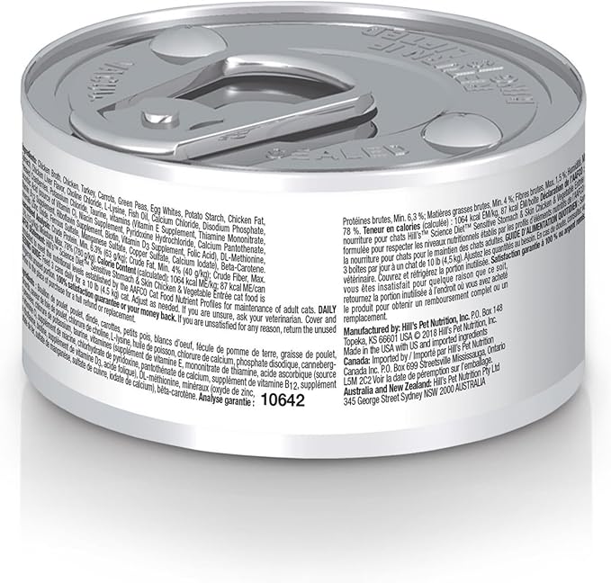 Hill's Science Diet Sensitive Stomach & Skin, Adult 1-6, Stomach & Skin Sensitivity Support, Wet Cat Food, Chicken & Vegetables Minced, 2.9 oz Can, Case of 24