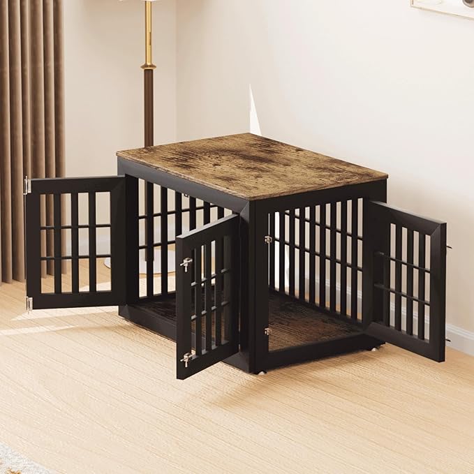 38" Heavy Duty Dog Crate Furniture for Small,Medium and Large Dogs,Rustic Wooden Dog Cage Kennel Indoor Furniture with Waterproof Top,Decorative Pet House Side End Table (Black & Wood)