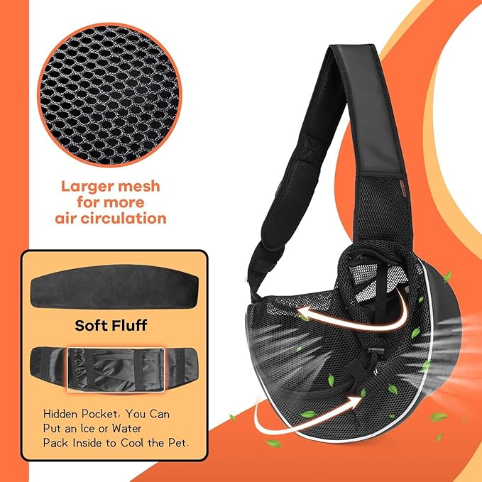 YUDODO Pet Sling Carrier for 2-5 lbs Small Dogs & Cats – Hands-Free Puppy Carrier with Safety Hook, Large Zipper Pocket, Soft Breathable Mesh, Adjustable Strap & Reflective Strip (Black 3.0 S)