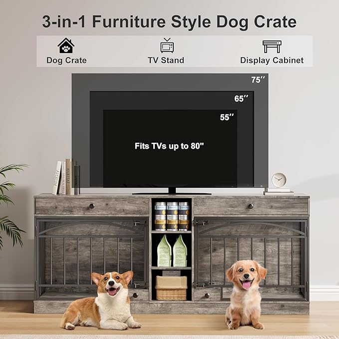 GAOMON Dog Crate Furniture for 2 Dogs, 78.7'' Large Dog Kennel Indoor with 2 Storage Drawers, 3 Shelves and Feeding Bowls, Double Dog Crate TV Stand for Small and Medium Dogs, Gray