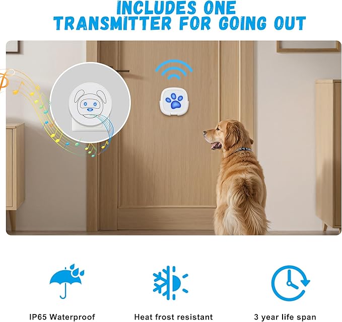 Dog Doorbell, Wireless Ring Bell to Go Outside, IP55 Waterproof Buttons, 55 Melodies, 4 Volume Levels & 950ft Range (White, 1 Reciever 1 Transmitter)