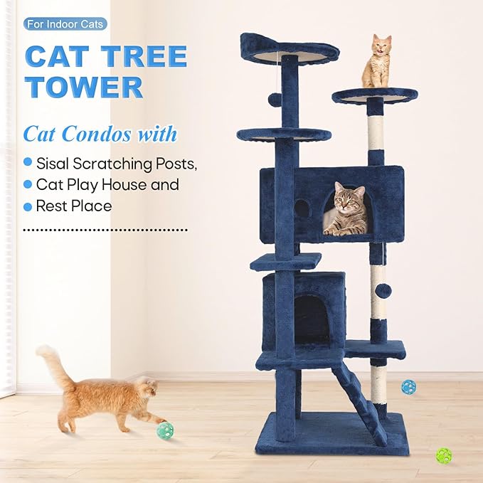 FDW | 54" Cat Tree Tower | Navy Blue | Multi-Level Indoor Activity Center with Sisal Scratching Posts, Condos, Plush Perches, Hanging Cat Toys | Sturdy, Easy to Assemble | for Kittens & Adult Cats
