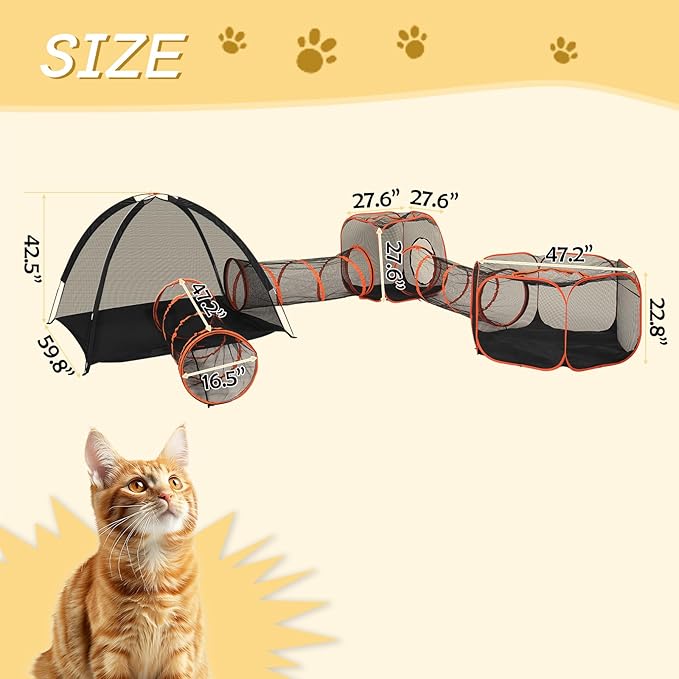 VINGLI Cat Tunnel, Outdoor Cat Enclosure, Large Catio, Outdoor Tunnels for Kittens with Storage Bag (Black&Orange, 6 in 1)