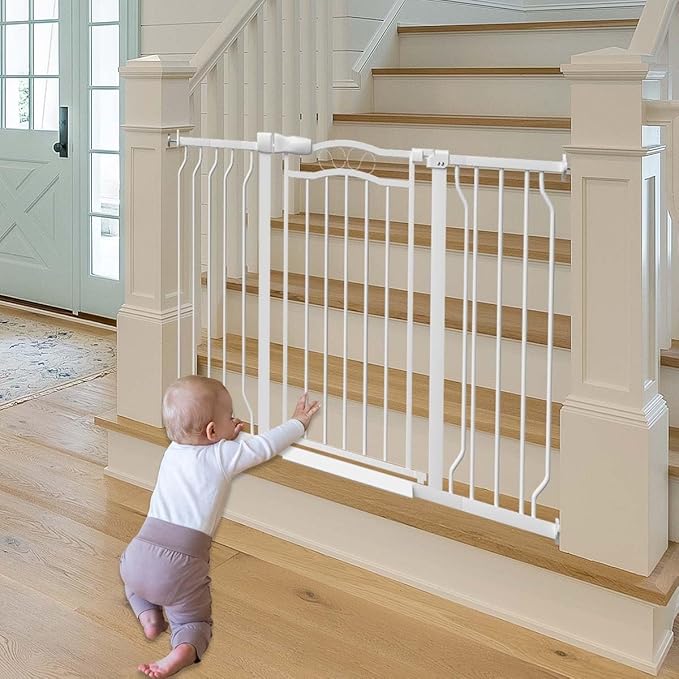 Fairy Baby 53.1"-62.5" Extra Wide Long Baby Gate, Dog Safety Gates & Gate Extensions for Stairs, Doorways, Hallways and Kitchen, Pet Garden Animal Barrier Fence Indoor Kid Gate Metal Auto Close, White