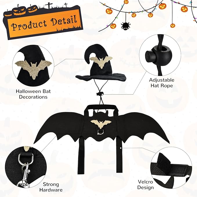 Halloween Pet Costumes Cat Wizard Costume Dog Funny Wizard Clothes Cat Bat Wings Wizard Hat Cute Pumpkin Cloak Outfits for Kittens Puppies
